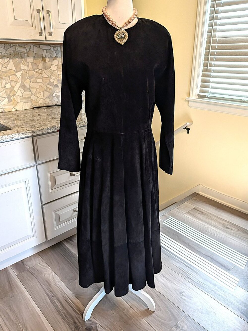 Black Pig Suede Dress Maxi, Long Sleeves, Vintage, Sz 12, Bonwit Teller Designer